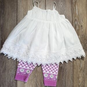 White Dress Tunic Lace Trim with Purple Floral Leggings Size 0-3M